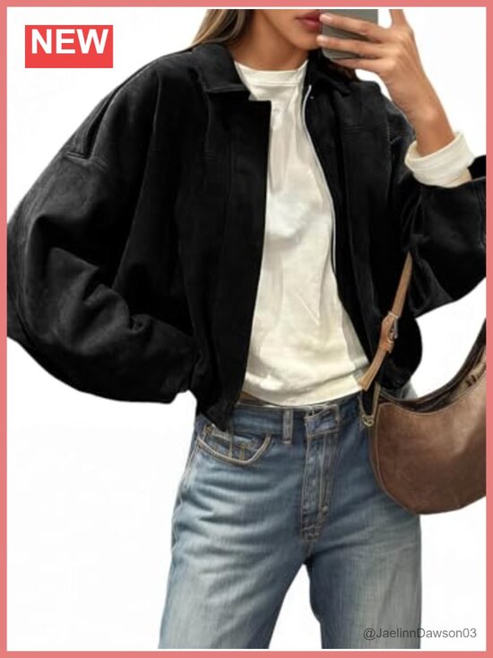 Jackets & Blazers - Faux Suede Bomber Jacket Cropped Oversized Zip Up Fall Coat